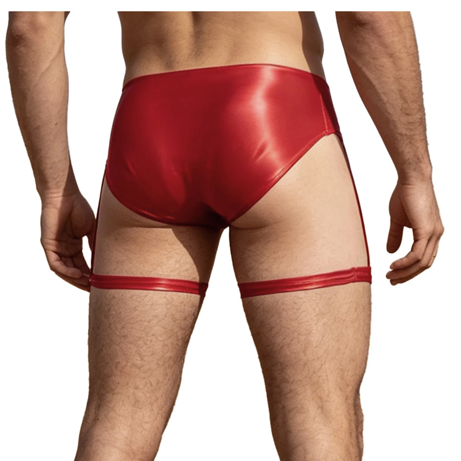 Mens PU Leather Briefs Zipper Bulge Pouch Jockstrap Underwear Panties with Thigh Bands Garter Clip for Night Club Rave Party