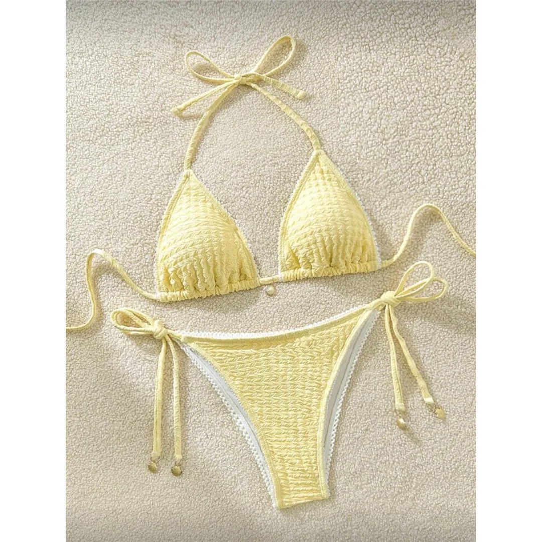 Zweiteiliges Bikini-Set mit hoch geschnittenen Beinen, Badeanzug, Badebekleidung, geraffter, knitteriger Halter-Bikini, Damen-Badebekleidung, Damen-Badeanzug M125 – Detail 13