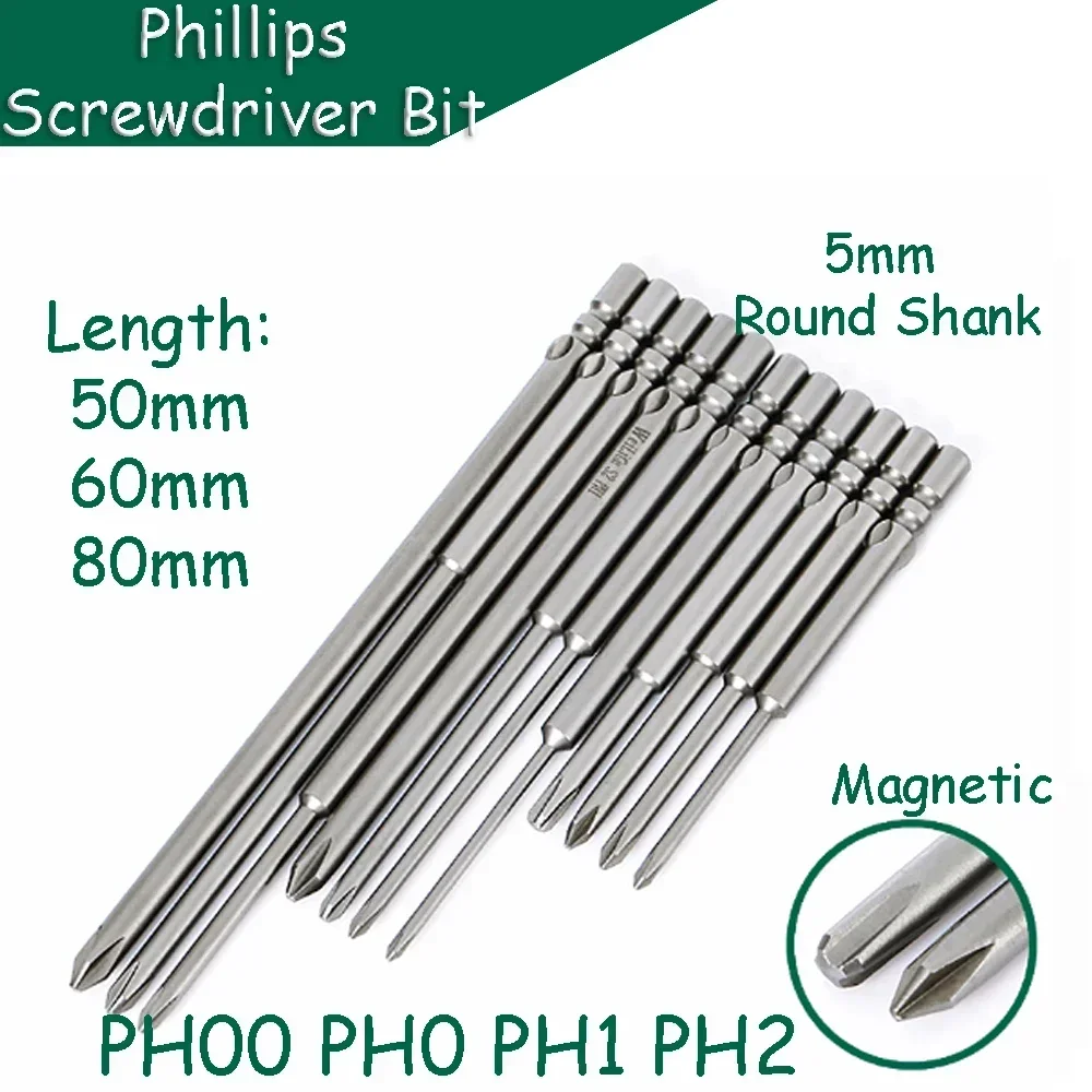 

1 pcs Phillips Screwdriver Bit PH00~PH2 Magnetic 5mm Round Shank S2 Alloy steel 50/60/80/mm Length Electric Batch Head Repair