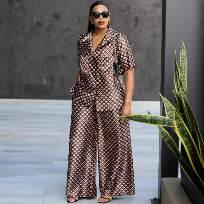 

Women Two Piece Pant Sets Print Shirt Turn Down Collar Button Splice Tops Straight Long Pants Casual Suit Lady Summer 2025
