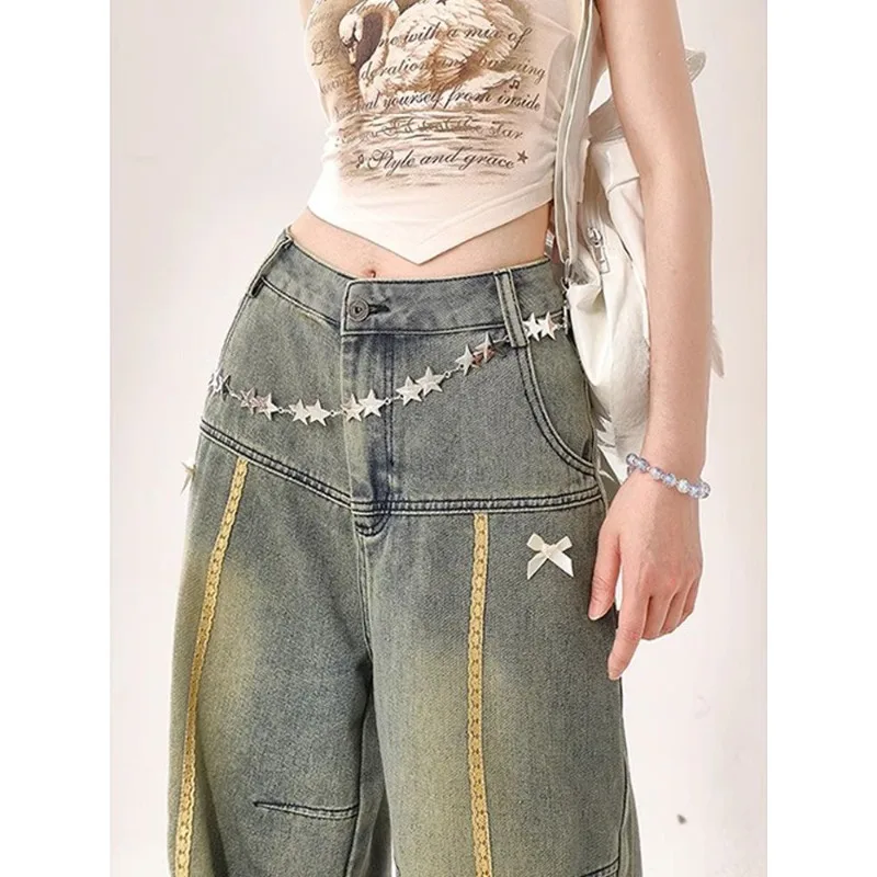 새로운 여성용 레트로 디자인 리본 청바지 가을 겨울 핫걸 롱 팬츠 패션 여성 캐주얼 하이웨이스트 데님 바지