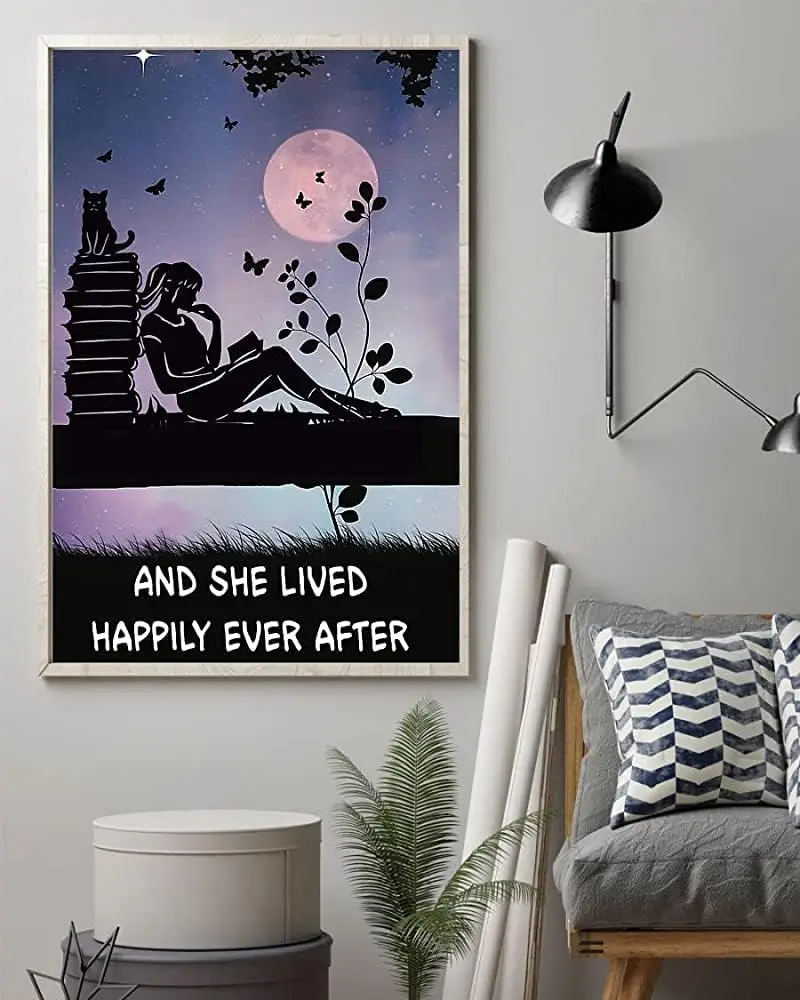 Metal tin Sign Plaque Book Cat Loves and She Lived Happily Ever After Retro Metal Tin Sign Vintage Aluminum Sign for Home Decor