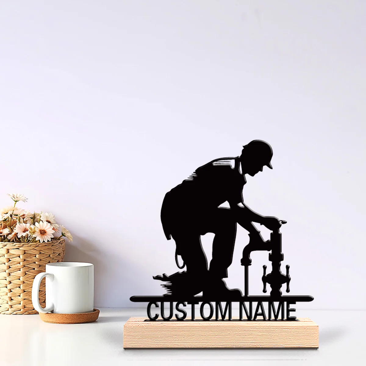 1pc Modern Plumber Custom Letter Metal Statue Metal Ornament Figurine With Wood Base Tin Ornament With Wood Base For Boys Gifts