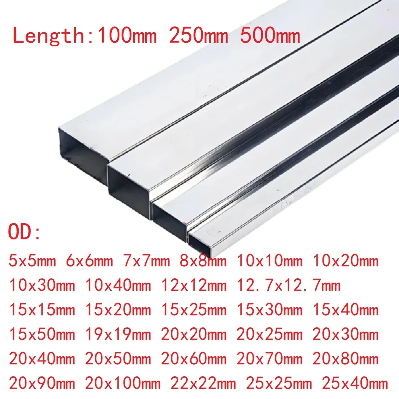 1PC Stainless Steel Square Tube Rectangular Pipe Hollow Rod Small Large 5x5-25x50mm Length 100 250 500mm