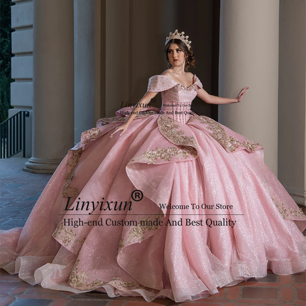 Princesa glitter quinceanera vestidos apliques arcos doce 16 aniversário vestidos de baile personalizados fora do ombro vestido festa junina
