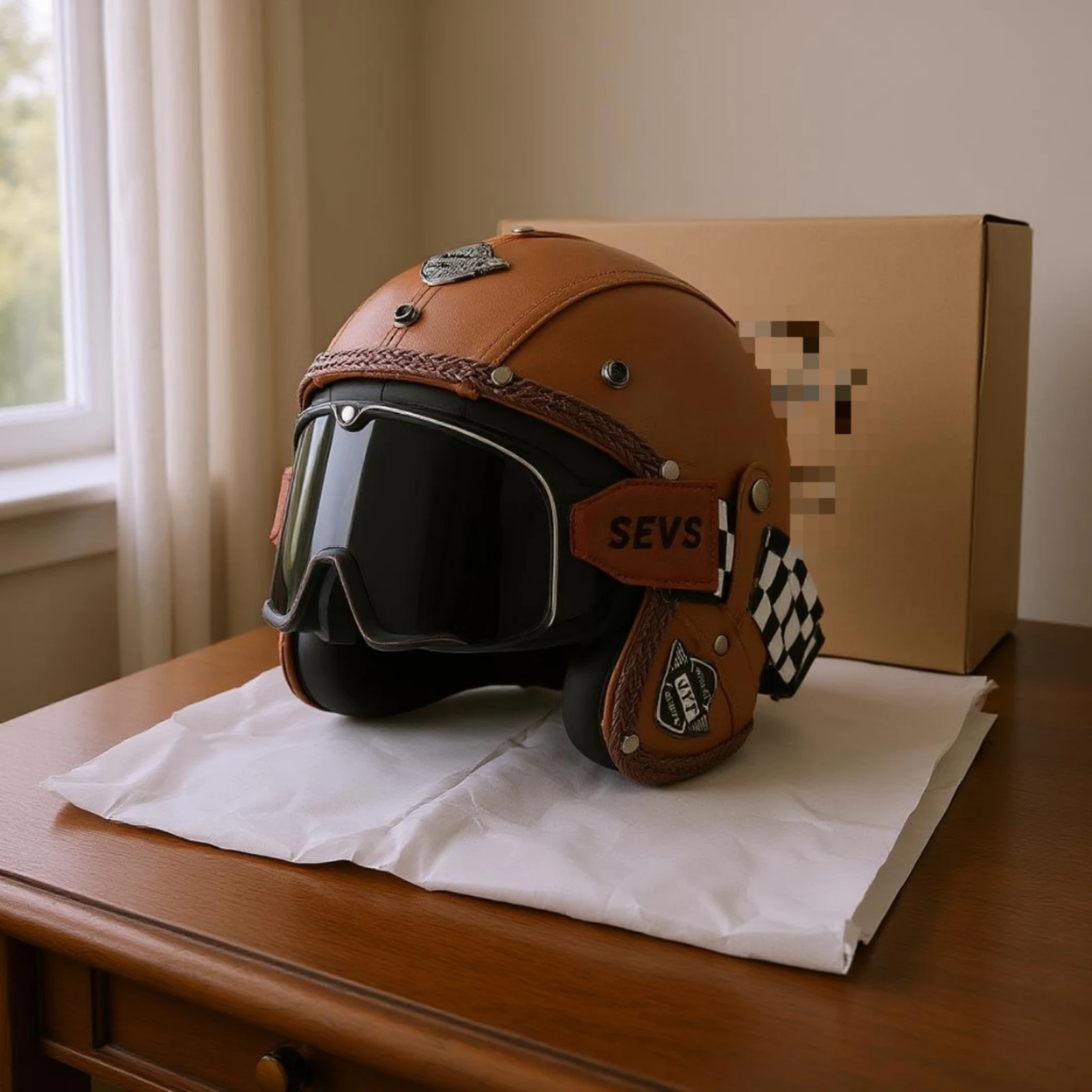 Vintage Motorcycle Half Helmet Braided Trim Brown Leather-Look Helmet