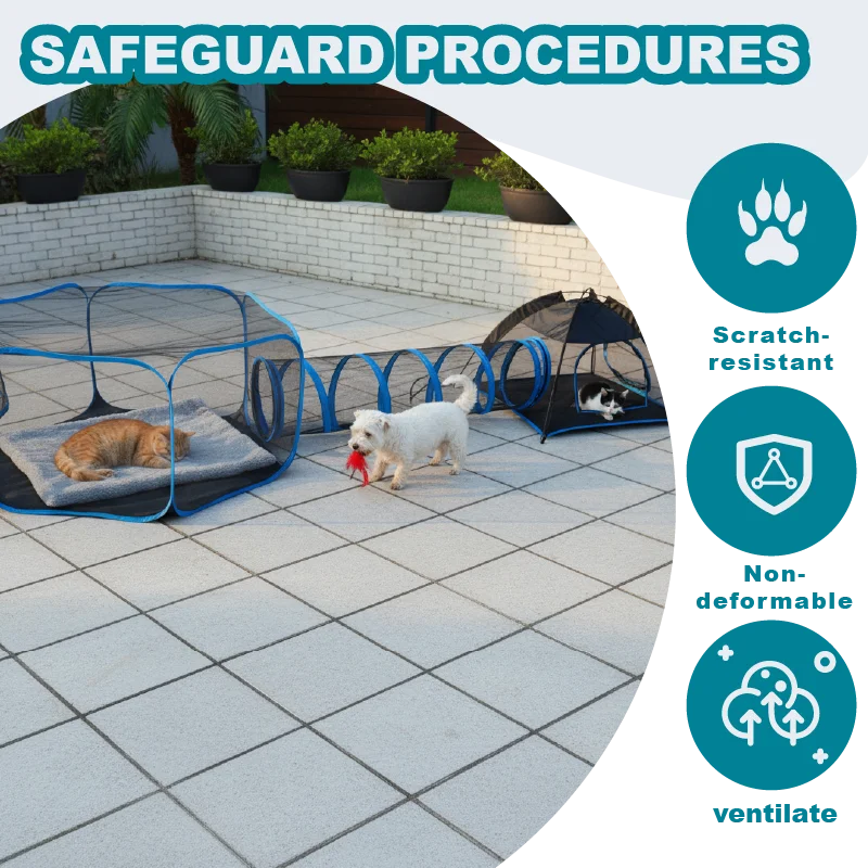 3-in-1 Tragbarer Netz-Tierkäfig Spielhaus Mehrfach-Tierkäfig mit Tunnel für Drinnen und Draußen Einfacher Aufbau für Katzen und Kleintiere – Detail 5