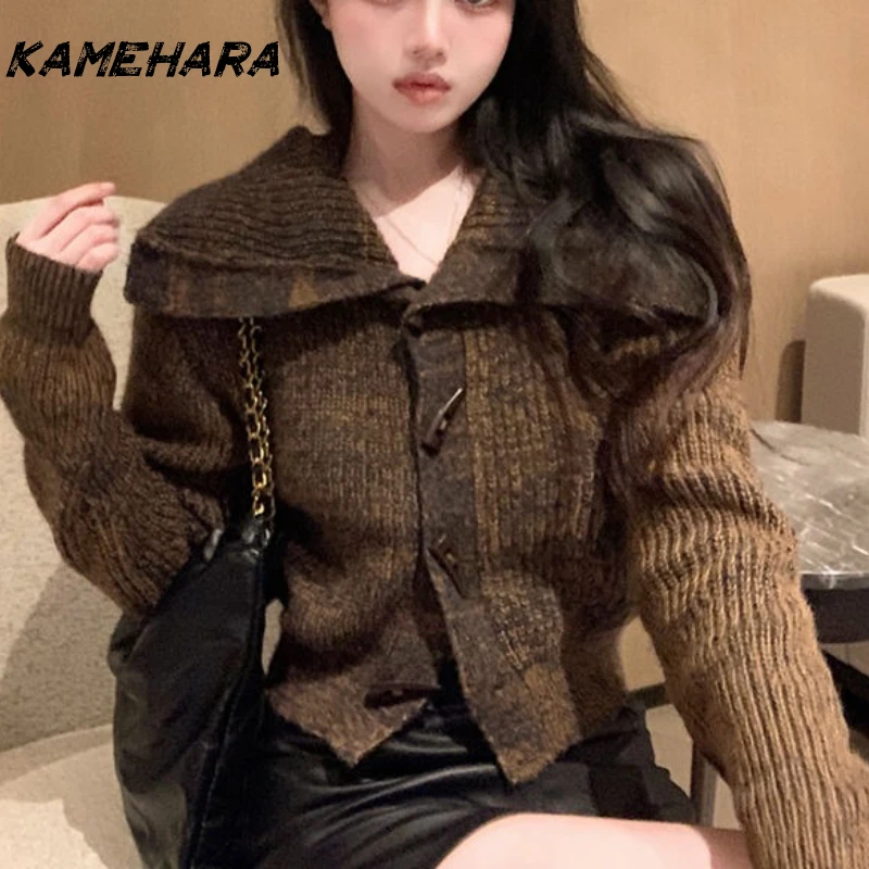 

KAMEHARA Retro Autumn/Winter Women's Knitted Sweaters Horn Buttons High Collar Ort Sve Long Sve Loose Fit Cardigan Kawaii Jumper