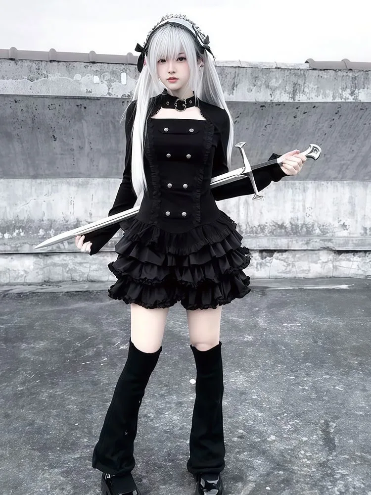 Kukeita Gothic Lolita Black Ruffles Skirt Sets Y2k Punk Women Double Breasted Blouses Top+Mini Skirts 2PS Sets Chic Streetwear image 4