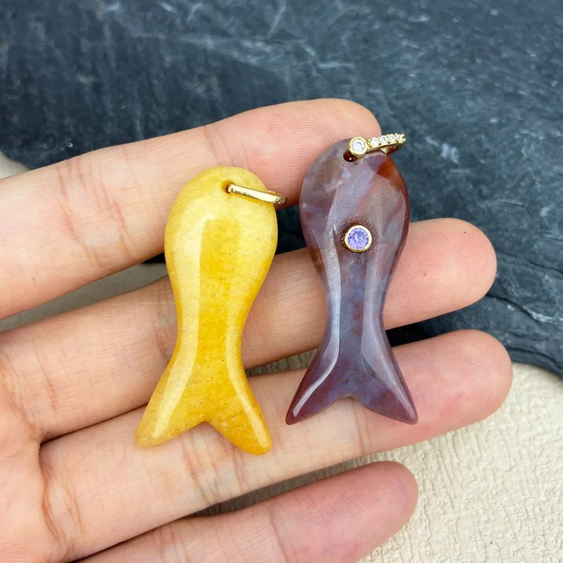 1pc Natural Stone Fish Shape Pendant Inlaid Zircon Tiger Eye Green Aventurine Charms for Necklace Jewelry Making