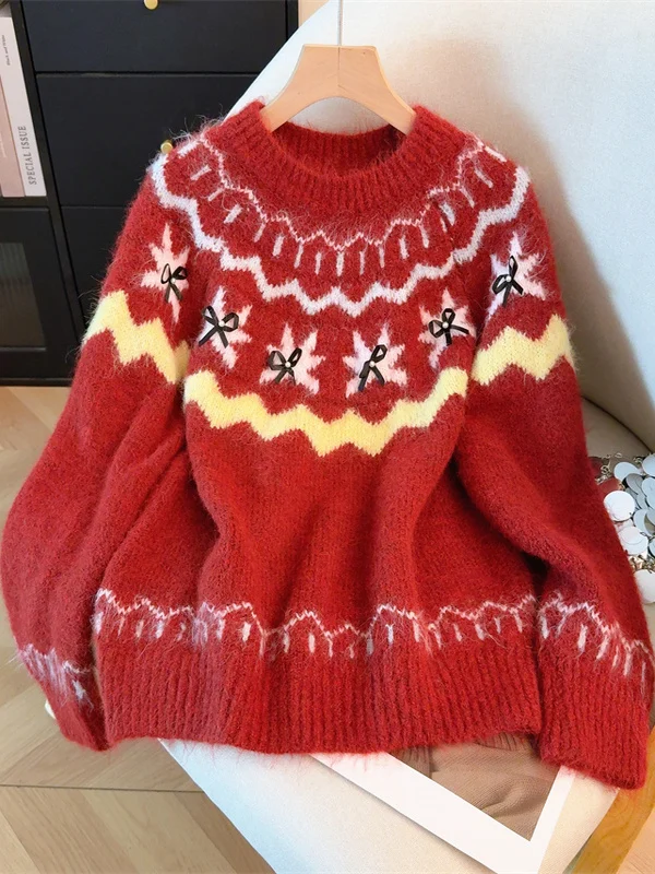 

Ele Red Long Sve женский свитер, свободный, удобный, больших размеров, мягкий, зимний, модный, с узлом, пушистый, для похудения