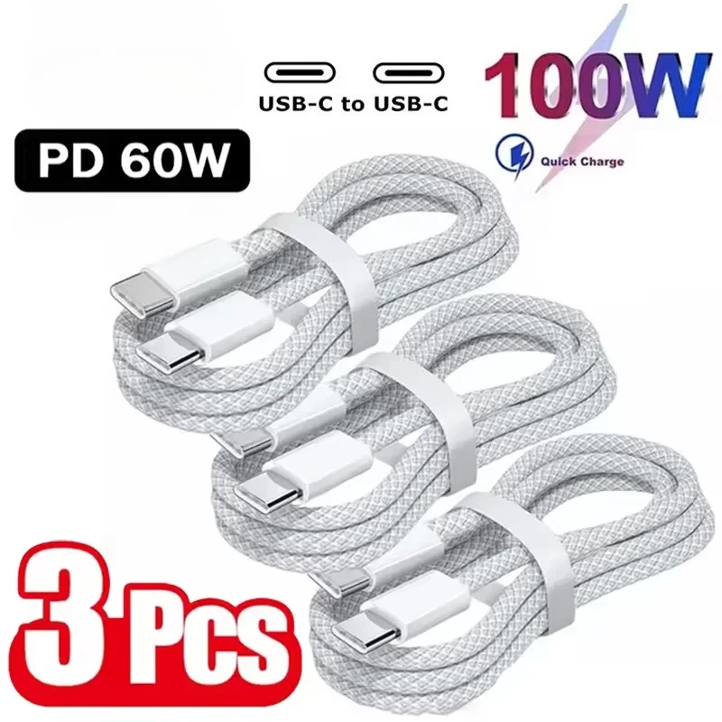 3PCS 100W USB C To Type C Cable Fast Charging Charger Cable USB Type C to Type-C Nylon Braided Quick Charge Adapter Data Cord 1m