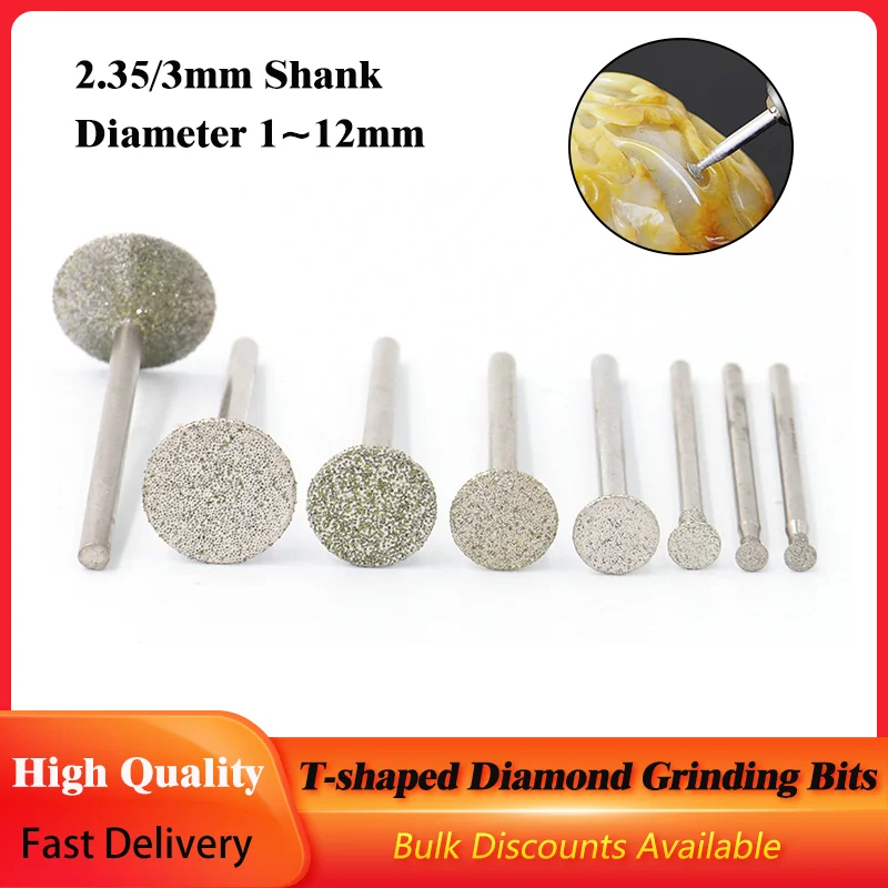 

Diamond Abrasive Burr Grinding Bits 2.35/3mm Shank Jade Carving Polishing 1~12mm T-shaped Polishing Engraving Bit Rotary Tool