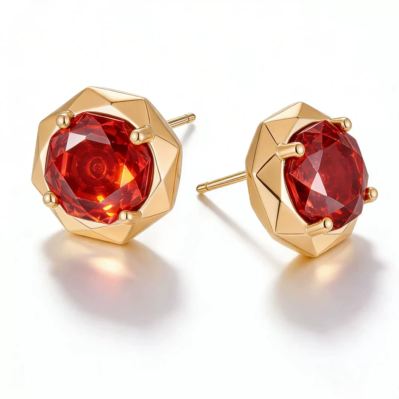 Fashionable Light Luxury Octagonal Rose Cut Red Crystal Ear Stud Simple Gold Color Earrings for Women Jewelry KOFSAC