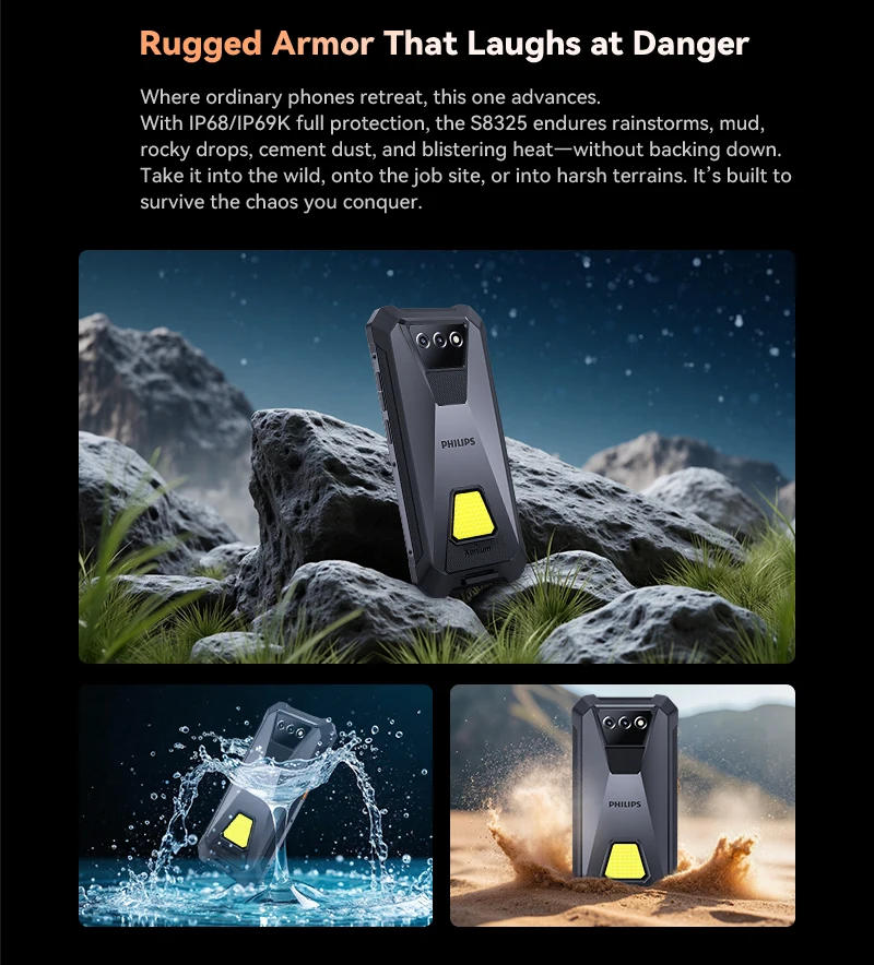Rugged Smartphone PHILIPS S8325 IP68 Waterproof Android 16 Dual Sim 12(6+6)GB+256GB 10200mAh 6.745" 48MP NFC Camping Lamp Unlock