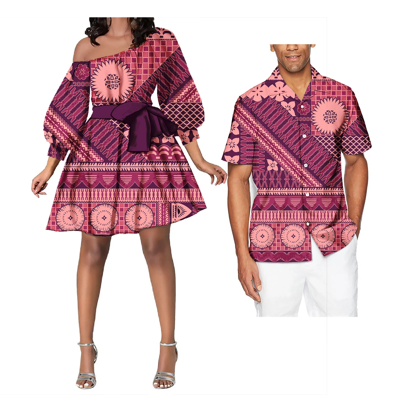 Dresses Women Off Shoulder Custom Polynesian Tongan Fijian Tribal Pacific Island Dress Designs Couples Matching Outfits 2024