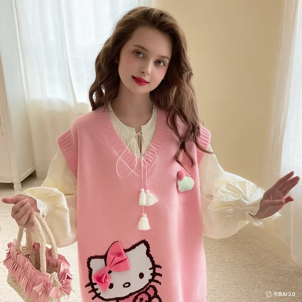 

Kawaii Hello Kittys Sweet Vest Sleeveless Gentle Cute Fresh Student Japanese Cartoon Knitted Sweater Wearing Outside Embroidery
