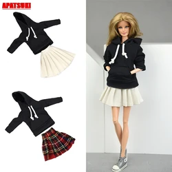 Winter Warm Black Long Sleeve Tops + White Short Mini Dress Outfits Clothes for Barbie Doll Set Clothes for 1/6 BJD Dolls House