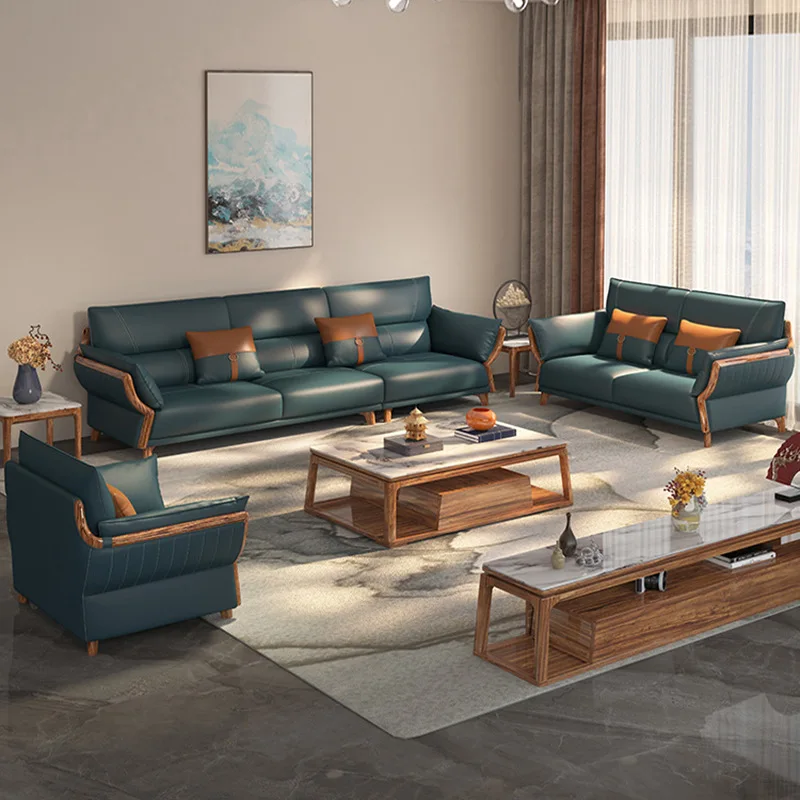 النمط الصيني الجديد، خشب الأبنوس، الجلود، الأريكة، المجموعة، الصف المستقيم، غرفة المعيشة، الفيلا، بسيط