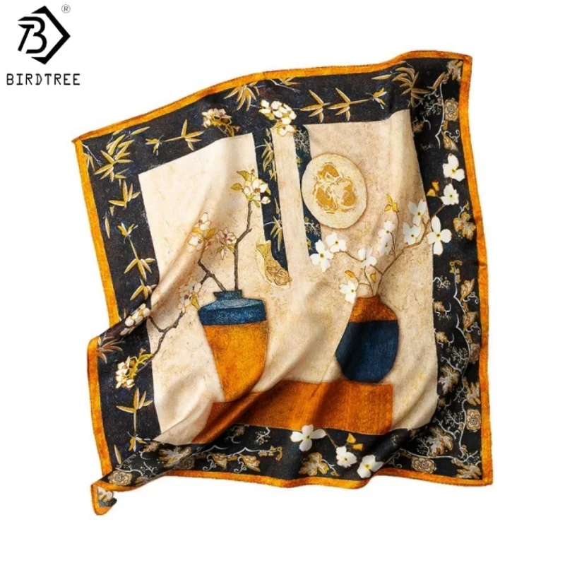 

BirdTree,100% Real Silk Square Scarf,Plain Satin Plant Print, Mom's Gift Elegant Soft Kerchief, 2026 Spring New Shawl A61215JF