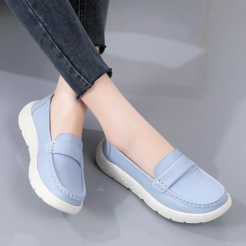 First Layer Soft Cowhide Mom Shoes Comfortable Soft Bottom Low-Cut round Toe Flat Bottom Moccasins Maternity Work Loafers Flat