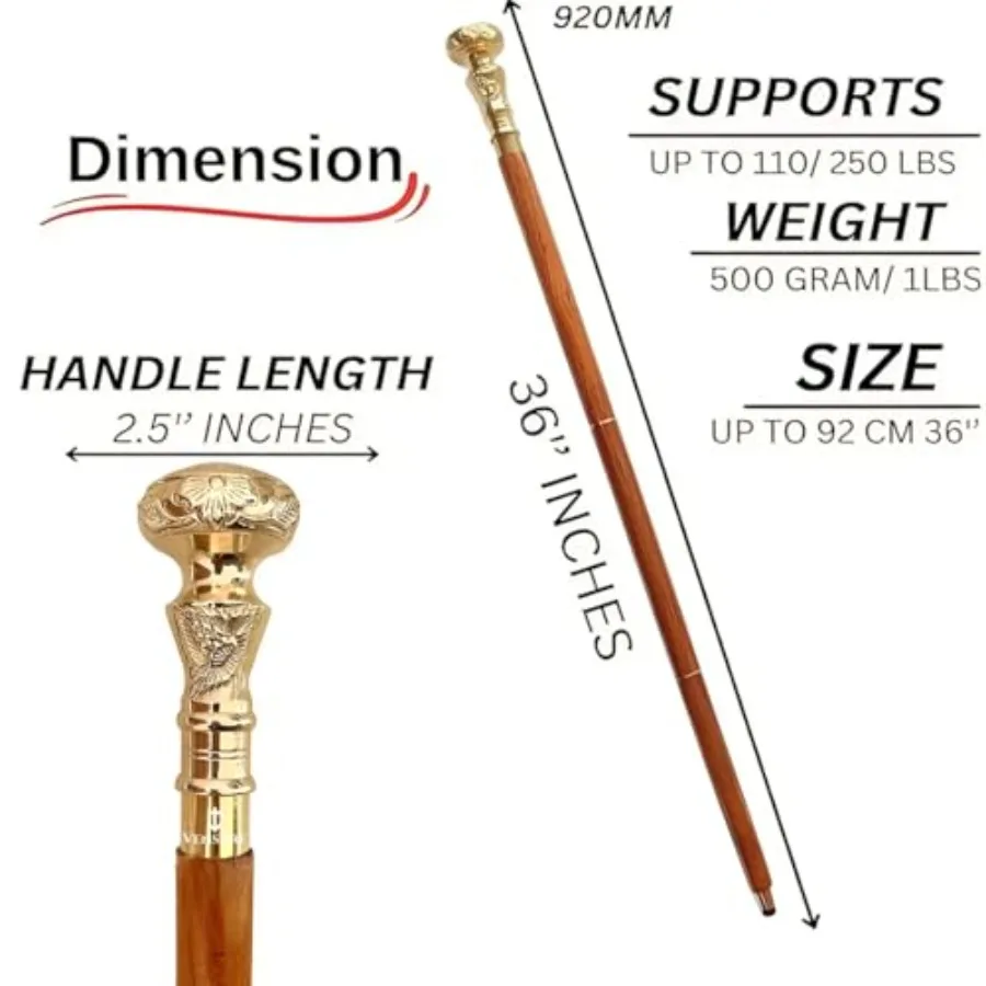 Bengala de madeira vintage com alça de botão de latão dourado para uso externo elegante Design de madeira marrom inspirado em tele vitoriano