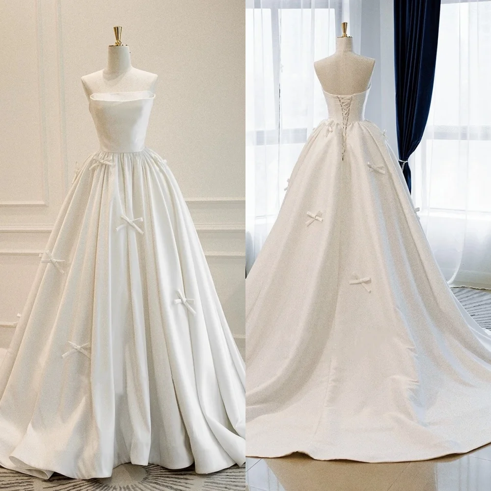 

Customized Charmeuse Bow Pleat Strapless A-line Lace-up Floor-length Bespoke Occasion Dresses Woman Elegant Party Wedding