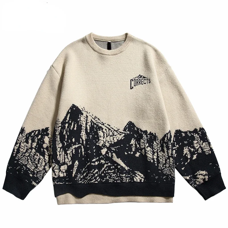 

TPJB Men Sweatshirt Streetwear Retro Mountain Graphic Knitted Sweater Harajuku Pullover Casual Cotton Sweater Hip Hop Hipster