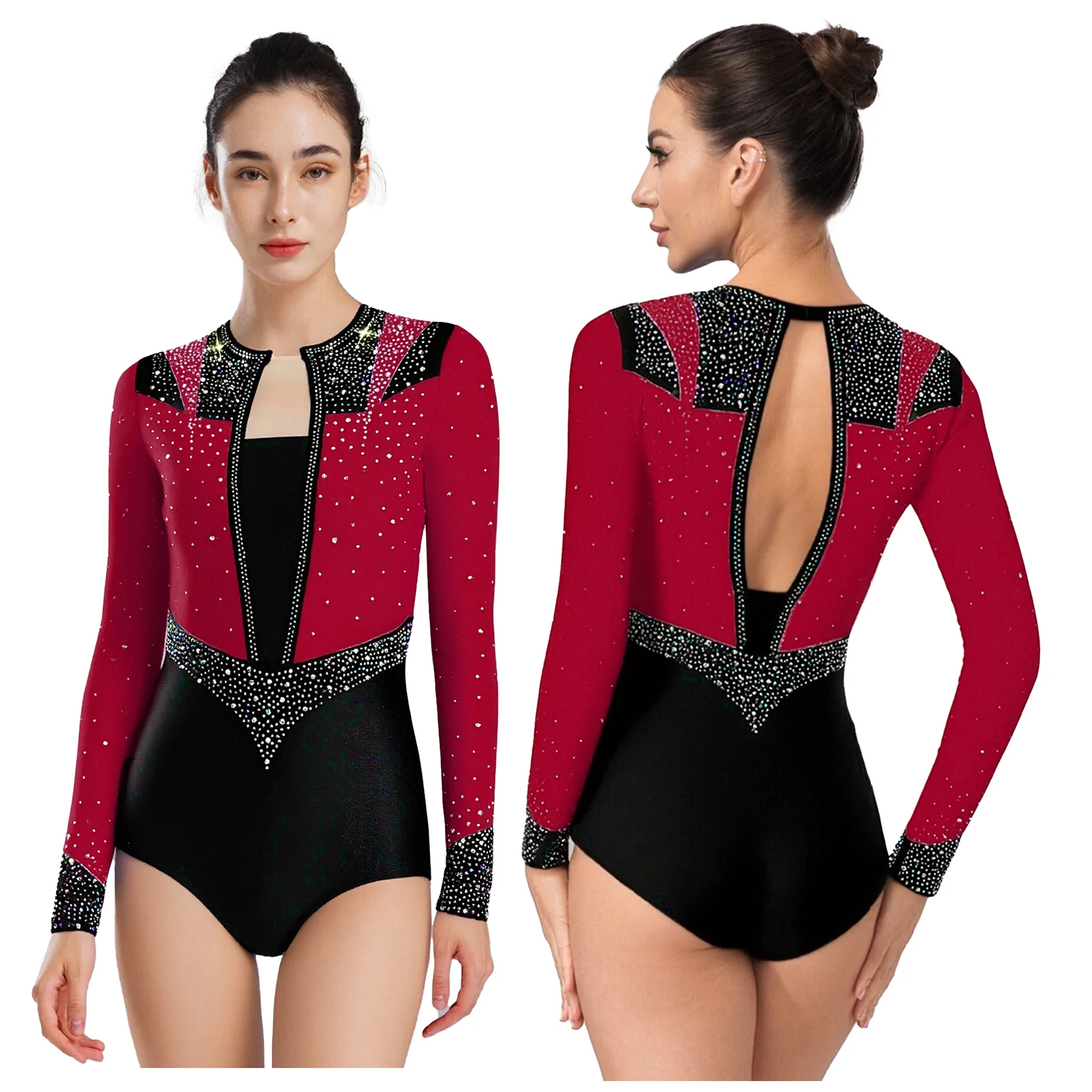 Justaucorps de gymnastique à strass scintillants pour femmes, combinaison creuse à manches longues, body de danse de Ballet, Costume de patinage artistique, vêtements de danse
