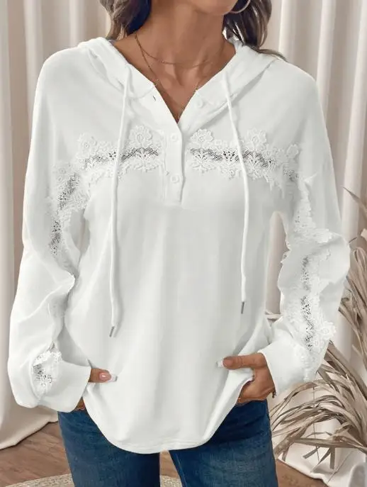 

2025 Autumn New Lace Splicing Hoodie Solid Color Temperament Casual Versatile Thin Hoodie for Women