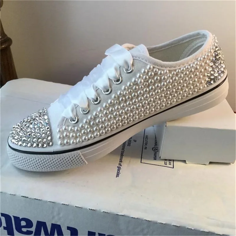 Personality design sense comprehensive rhinestone pearl fashion all matching shoes Canvas shoes Heavy industry comfortable banqu