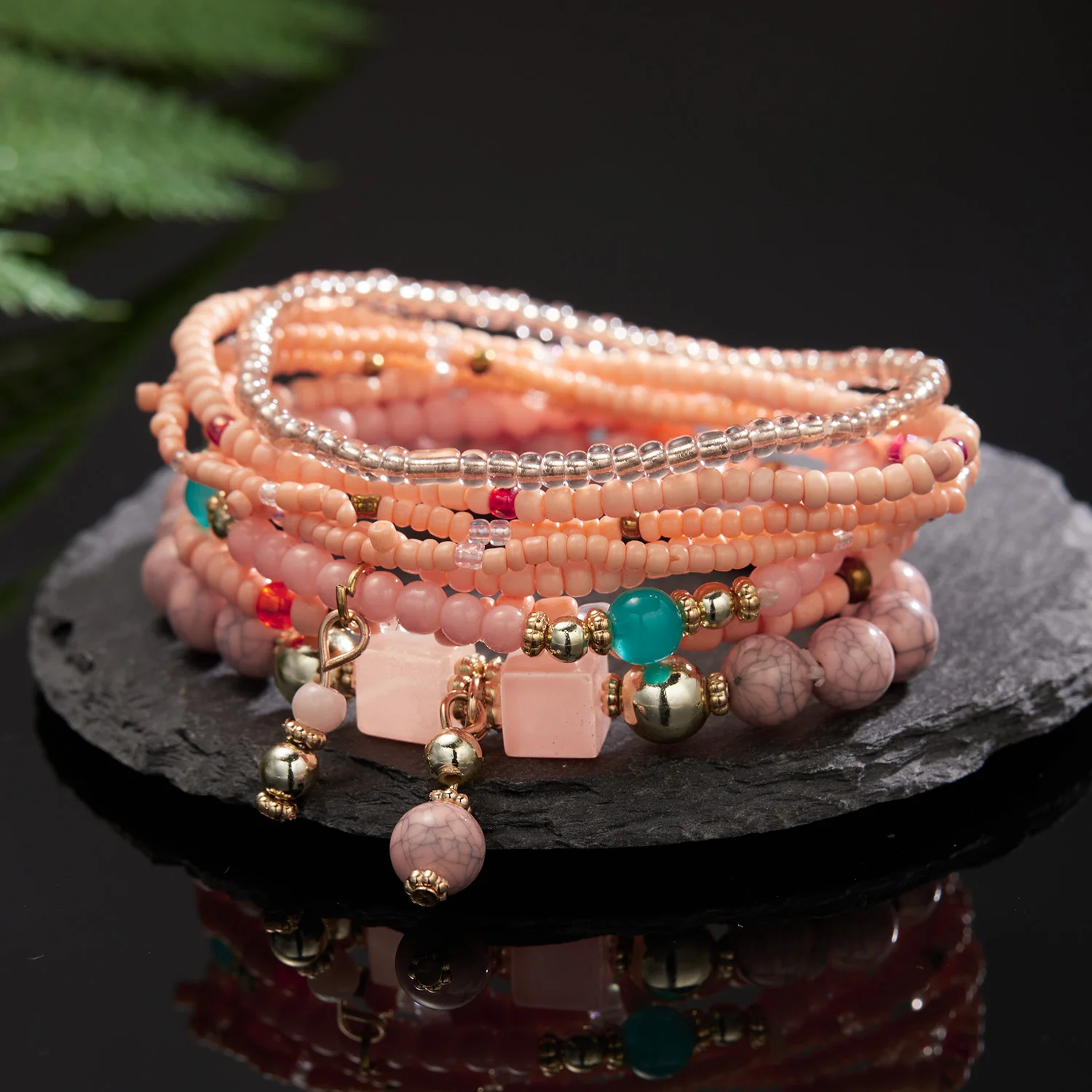 Bohemian Multilayer Rice Beaded Bracelet Set For Women Colorful Beads Crystal Natural Stone Bracelet Bangles Party Charm Jewelry