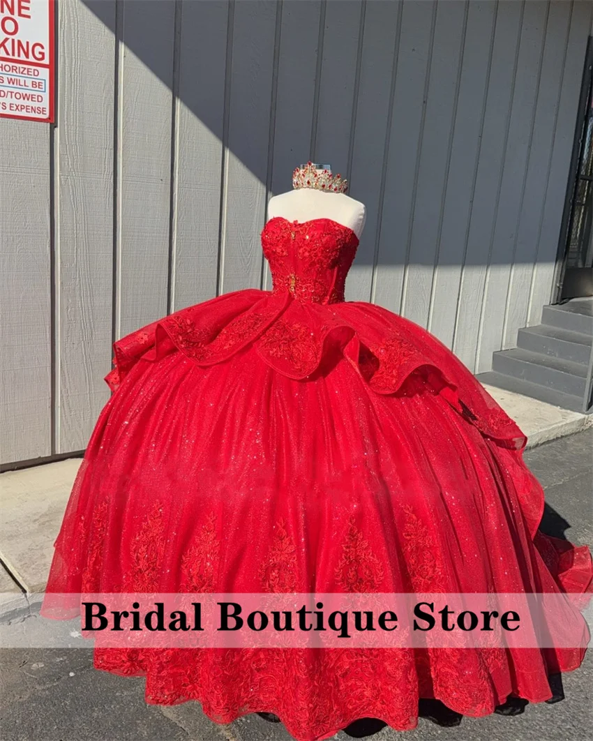 Vestidos de quinceañera con escote en forma de corazón rojo de lujo, vestido de baile con lazo, Apliques de encaje, cuentas, Tull de cristal, vestido mexicano dulce 16 personalizado