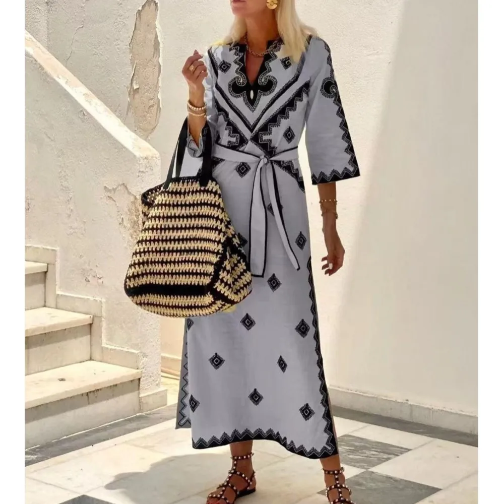 Retro Geometric Print Linen Dress For Women 2024 Spring Autumn Asian Style V-neck Half Sleeve Belt Boho Elegant Dresses Vestidos