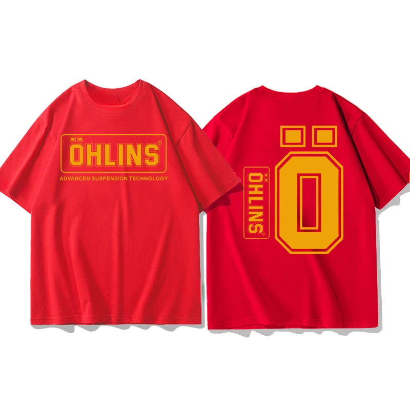New OHLINS Red T-shirt Collection Motorcycle Shock Absorber Print Short Sleeve T-shirt Racing Fan Clothes