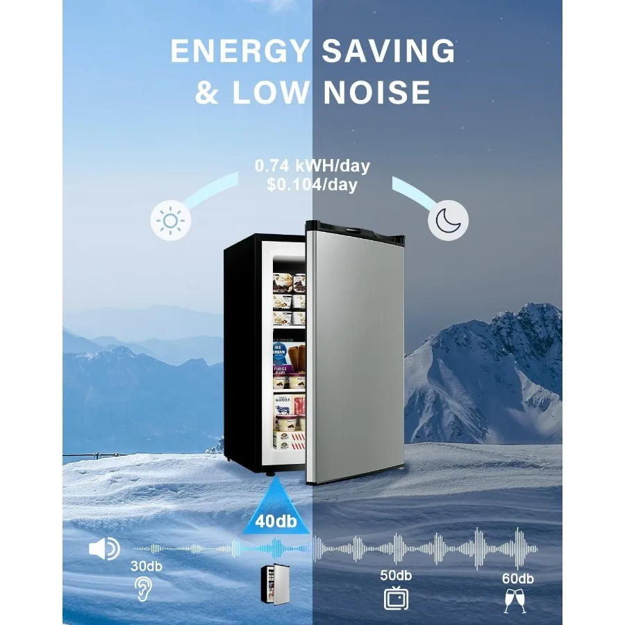 3.0 Cu.ft Upright Freezer Compact Mini Freezer with 7 Adjustable Thermostat Removable Shelves Reversible Single Door 360 Unifor