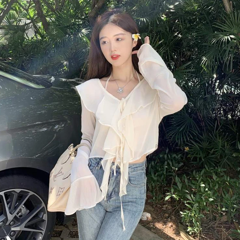 Cropped Jackets Women Ruffles Sweet Temperament Summer Sun-proof Flare Sleeve Fashion Lace Up Design French Style Loose Simple