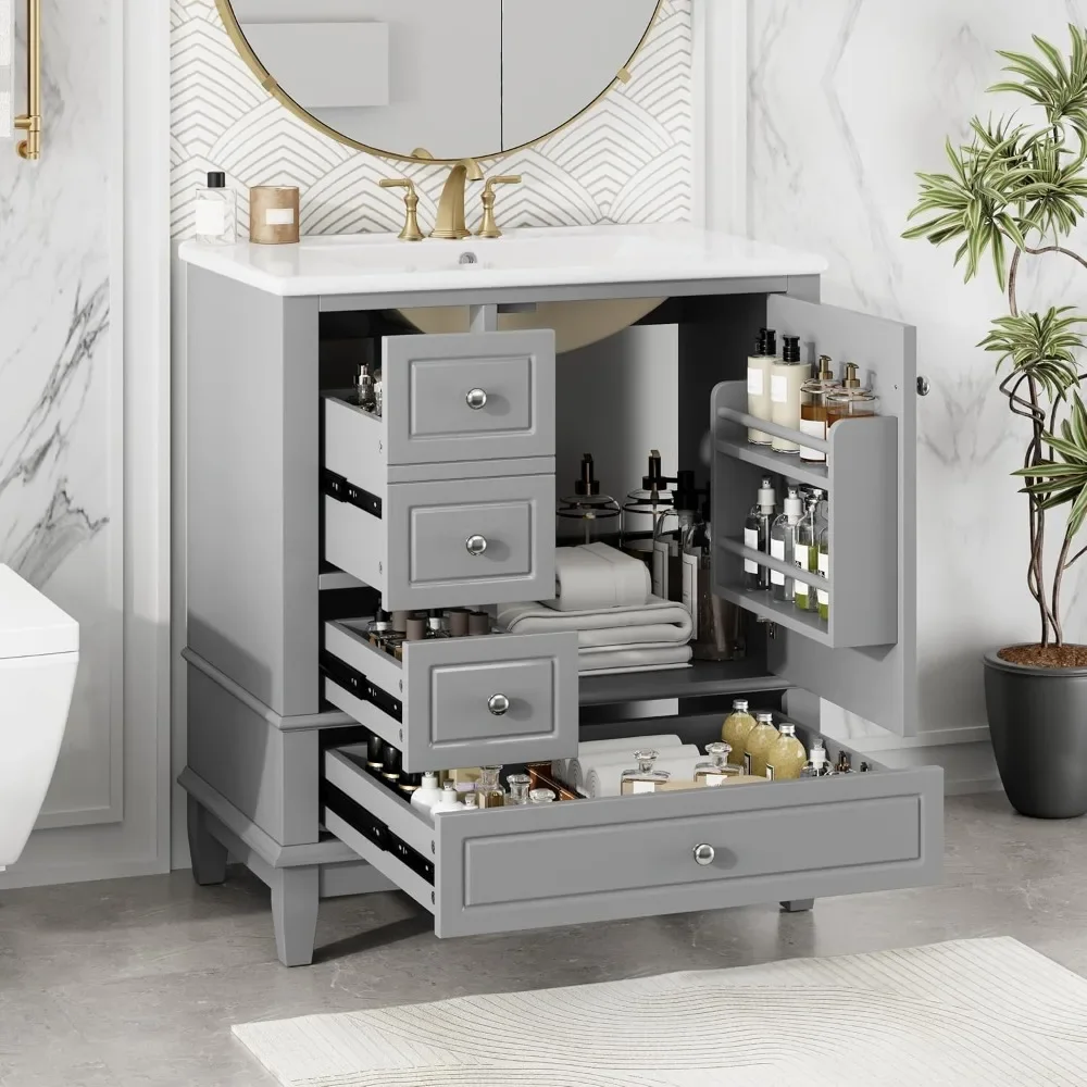 30インチの洗面台付きバスルームキャビネット、多機能木製収納キャビネットオーガナイザー、ドアシェルフ、左側引き出し、ソフトクローズドア