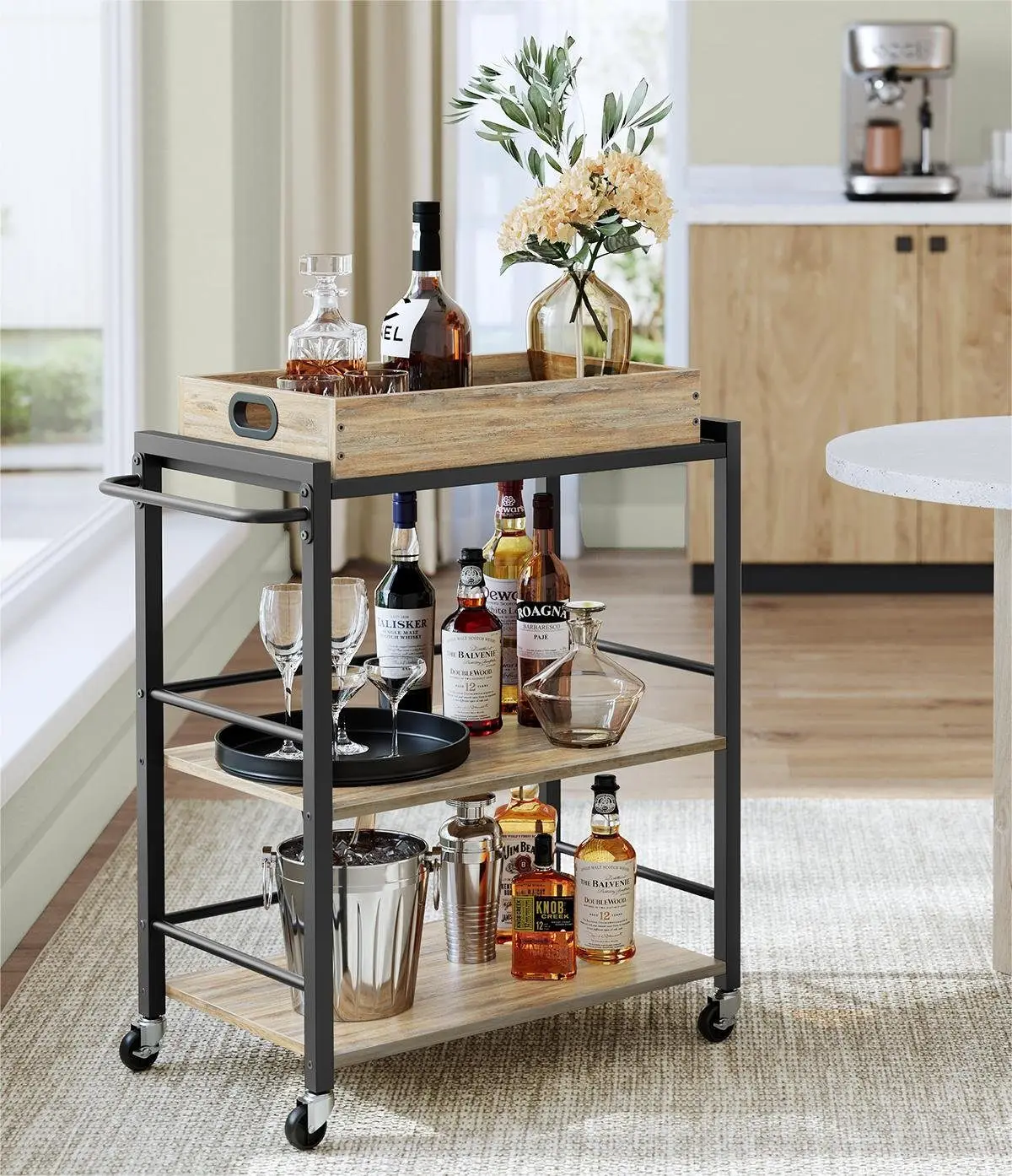 VASAGLE serving trolley, kitchen trolley with removable tray, roll, vintage