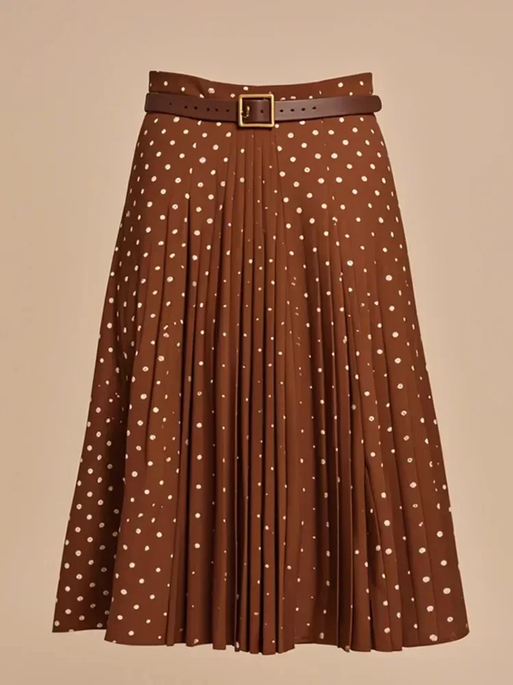 Vintage Brown Polka Dot Pleated Skirt Two Piece with Belt Mid-length Full Skirts Y2K Aesthetic All-match Dress for Office Lady