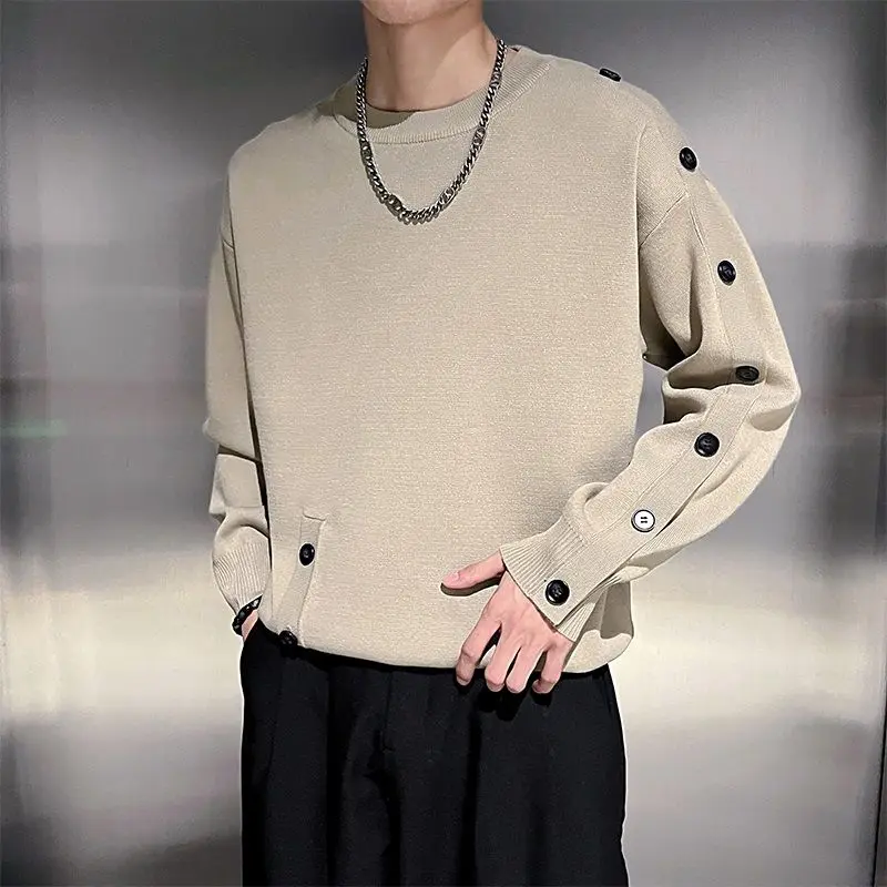 2024 Spring and Autumn and Winter Fashion Personalized Round Neck Button Design Solid Color Simple Loose Long Sleeved Sweater