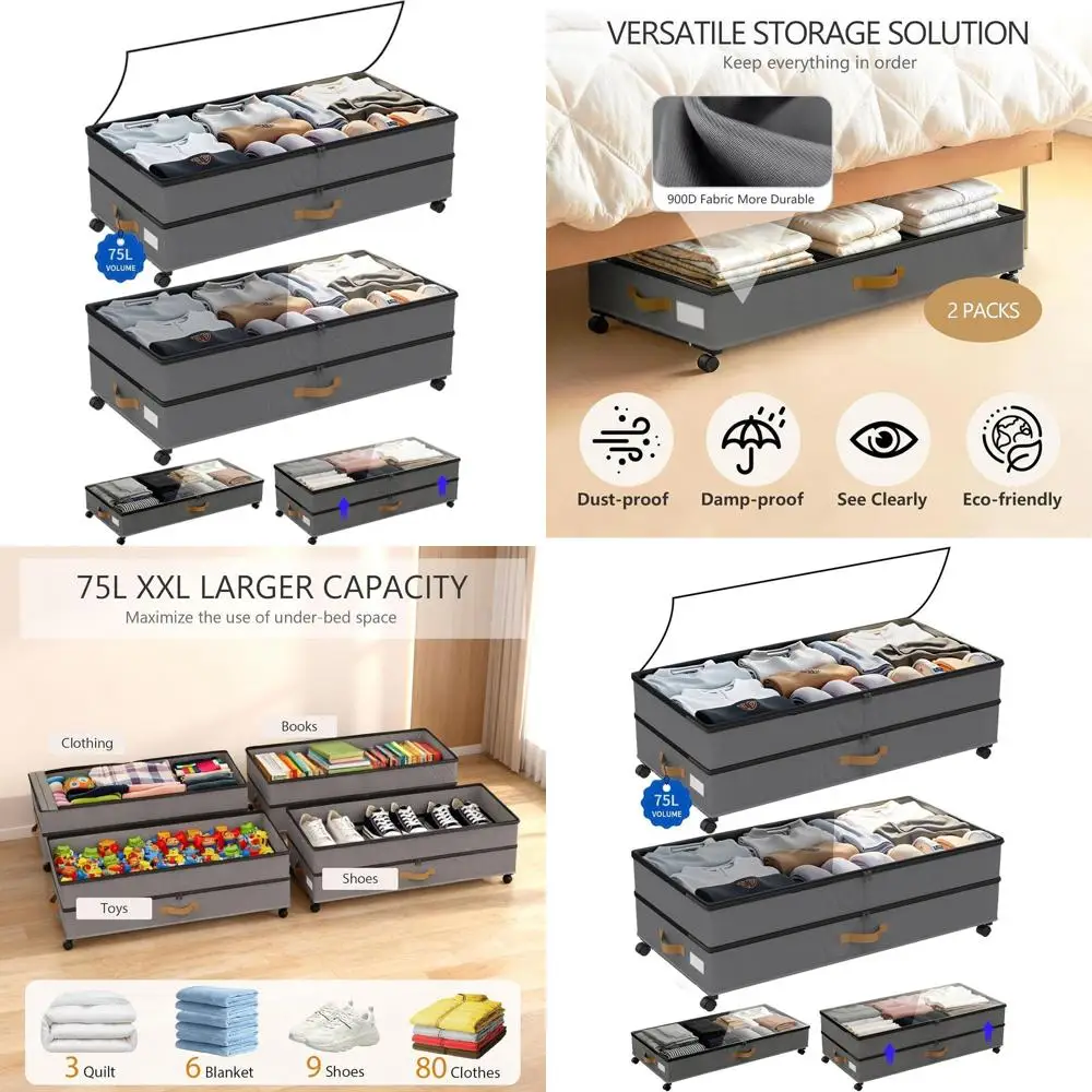 

2-Piece XXL 75L Rolling Underbed Storage Boxes with Lids - Grey