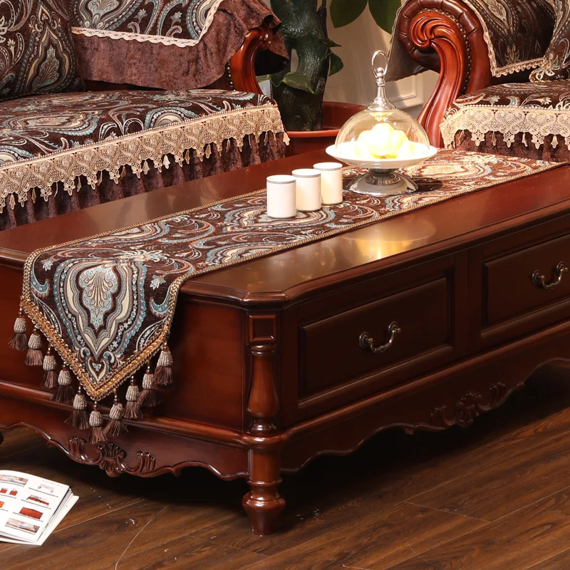 Luxury Chenille Jacquard Fabric Table Runner American Retro Style Table Decoration and Accessories Handmade Tassel Anti-Wrinkle
