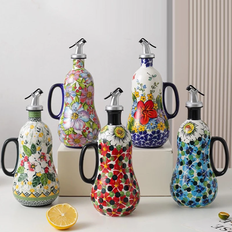 

Creative Painted Ceramic Oil Jug Kitchen Flower Spice Jar with Handle Home Large Capacity Soy Sauce Vinegar Seasoning Bottle New