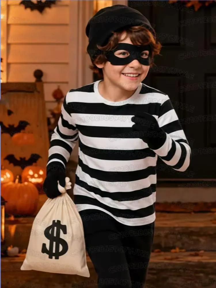 Kinder-Räuber-Kostüm, Gestreiftes Langarm-T-Shirt, Halloween-Dieb-Cosplay-Kostüm, Jungen-Mädchen-Erwachsenen-Eltern-Kind-T-Shirt – Detail 4