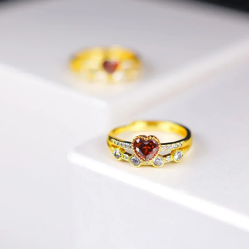 9999 Real Gold 24K Women's Micro-set Open Ruby Love Women's Ring, Japan and Korea Fashion, Women's Ring