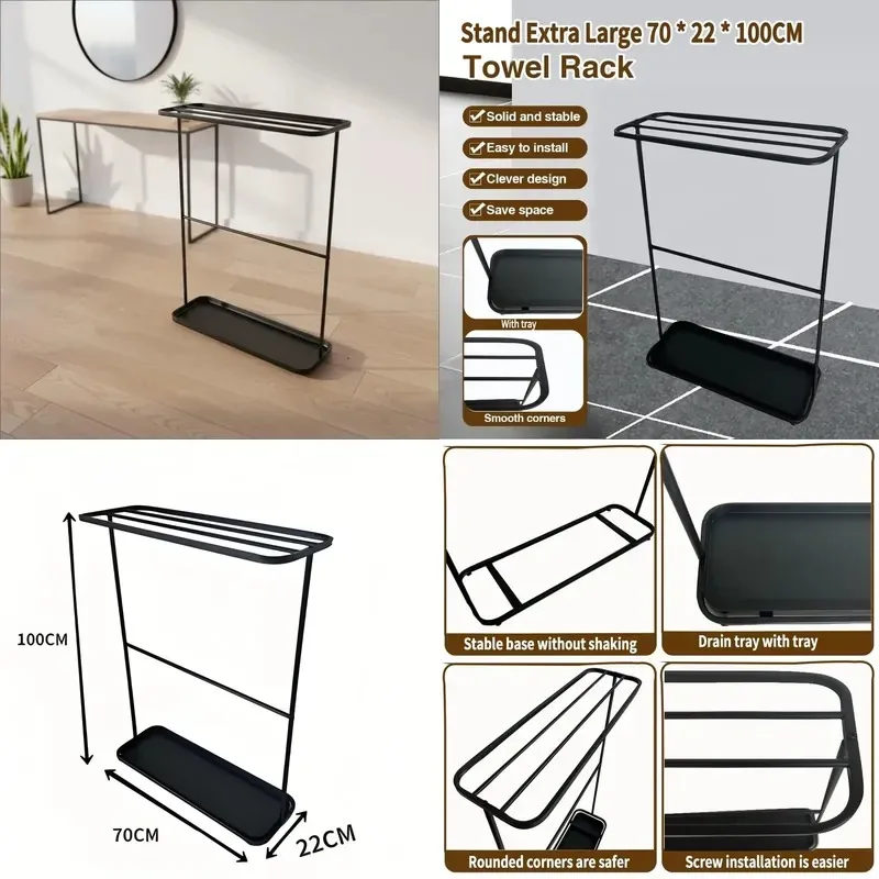 Wholesale Removable Metal Towel Rack with Tray for Bathroom Balcony Living Room Modern Drying Rack