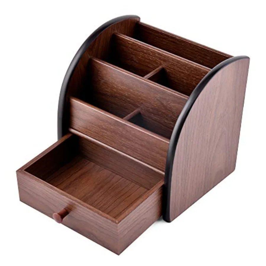

Wooden Desktop Organizer with Drawer Multifutiol Office Supply Storage Remote Control Caddy Holder