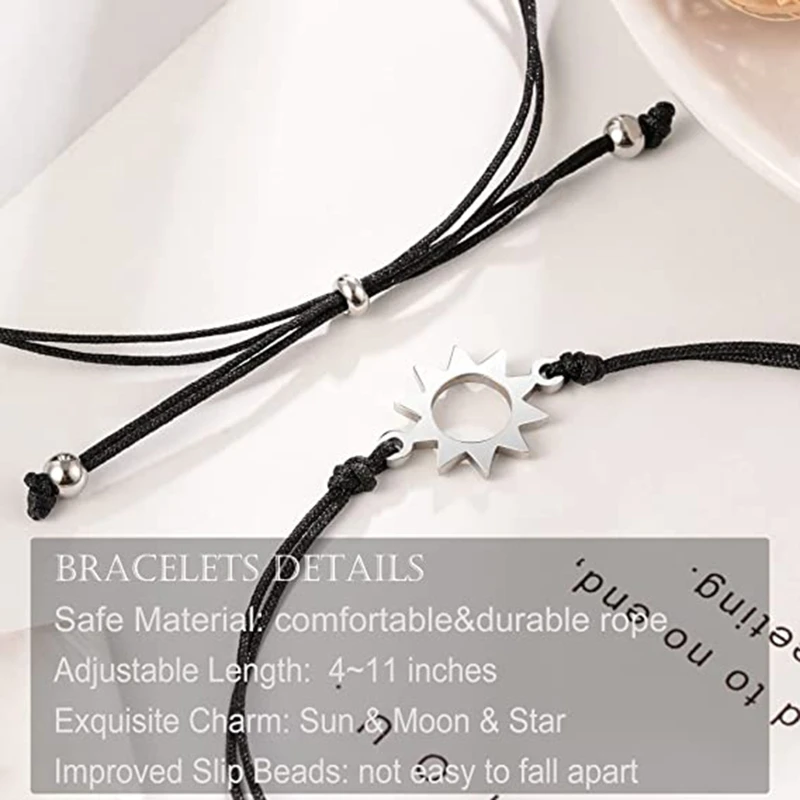 3 Pieces Black String Card Bracelets for Creative Alloy for Sun Moon and Star Wax Rope Braided Birthday Holiday