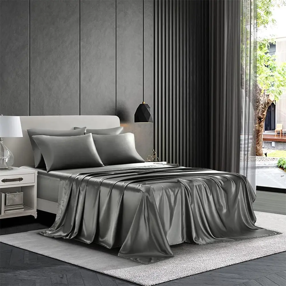

Satin Sheet Set King Size Grey 1800 Series Luxury Silky Soft 4 Pillowcases Deep Pocket Wrinkle Free